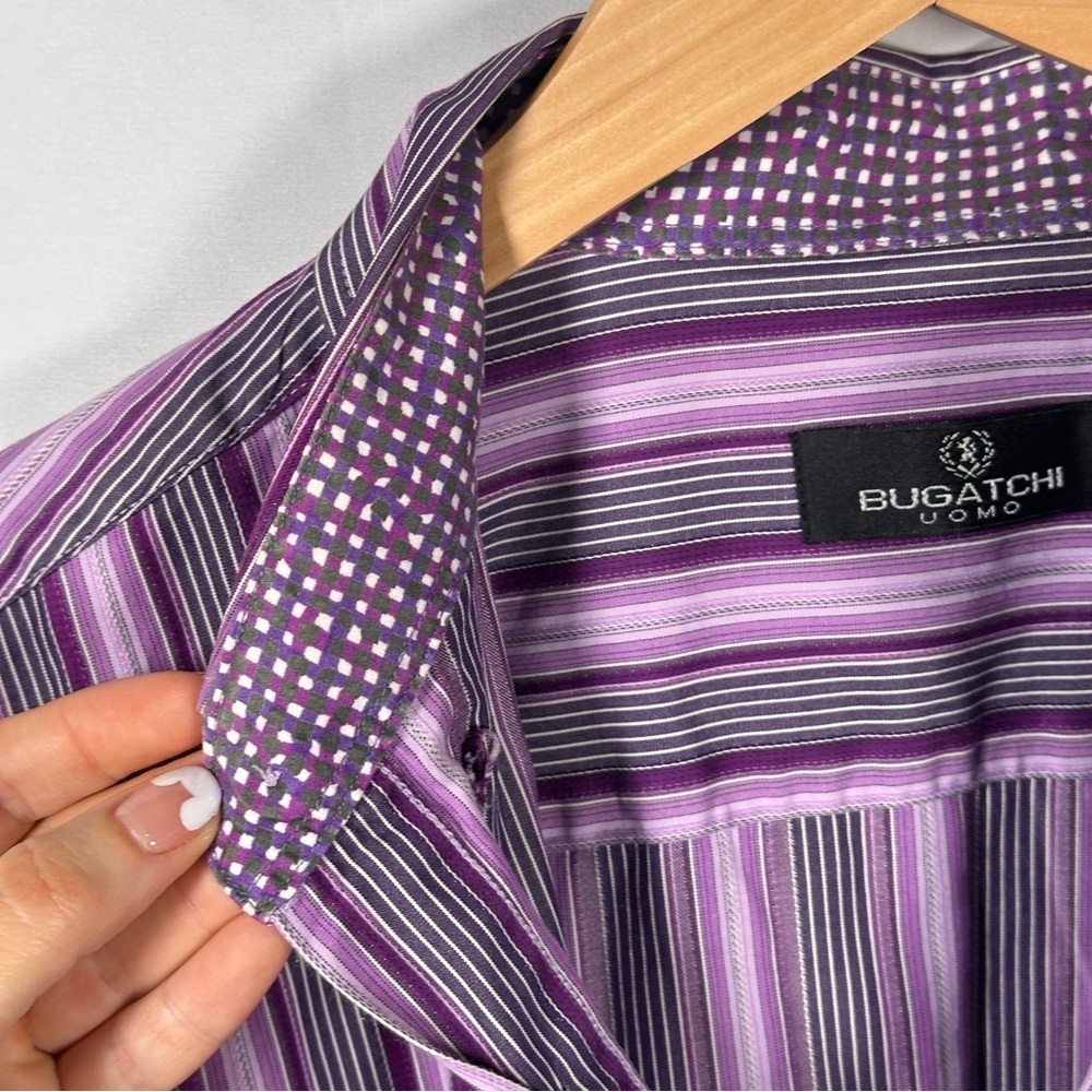 Bugatchi Uomo Cotton Stripe Contrast Cuff Button-Up JEWEL TONE Purple L Office - Picture 7 of 12